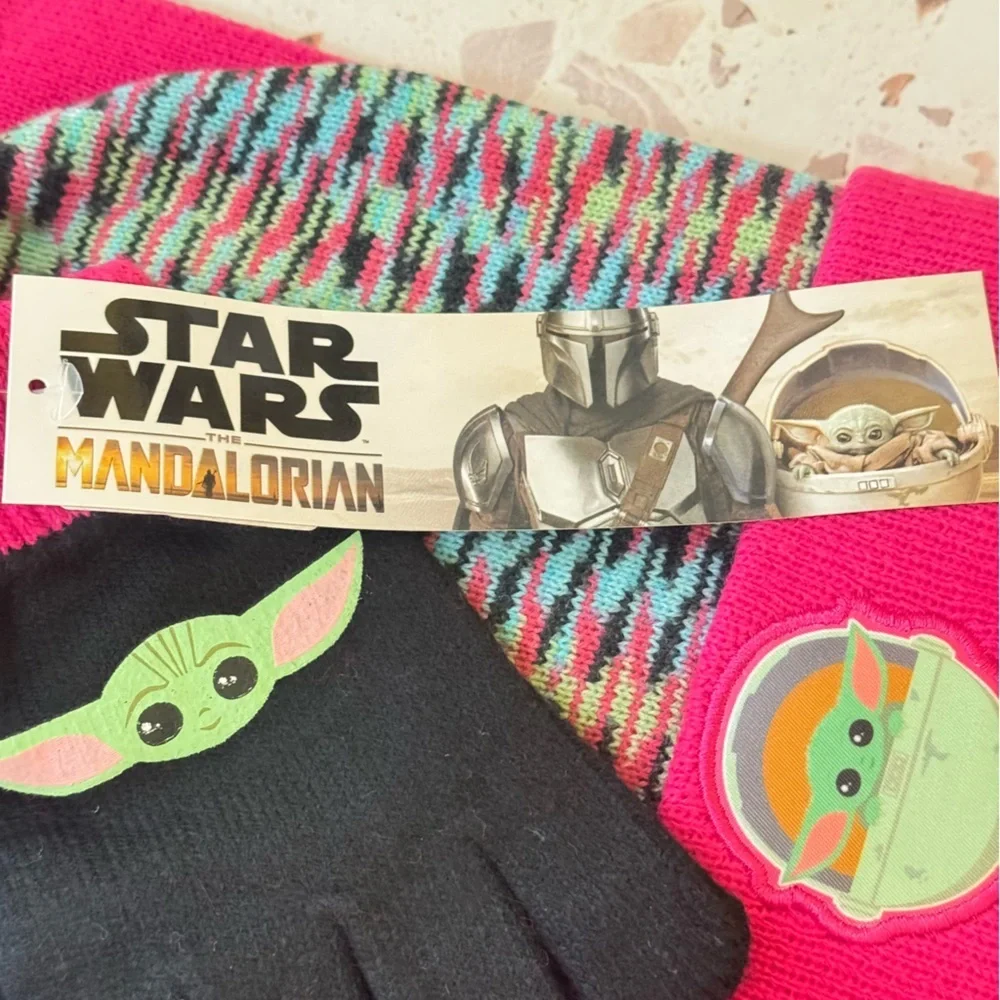 Star Wars Set New Girls The Mandalorian Grogu Baby Yoda Hat‎ Scarf Mittens Pink